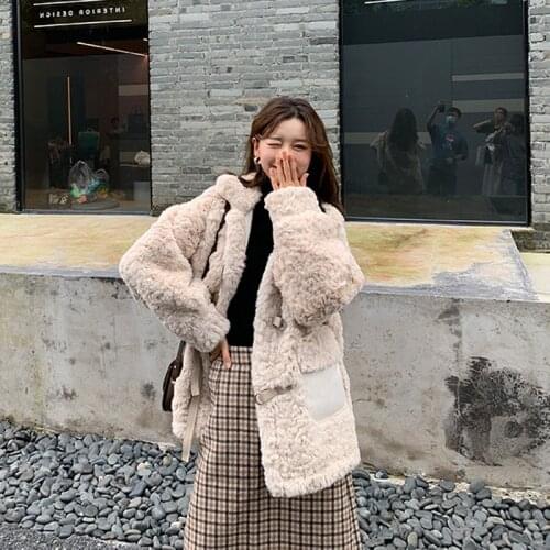 Winter New Fashion Women Imitation Fur Coat Korean Long Sleeve Pockets Warm Lamb Velvet Thick Fur Jacket Female Outerwear H1638