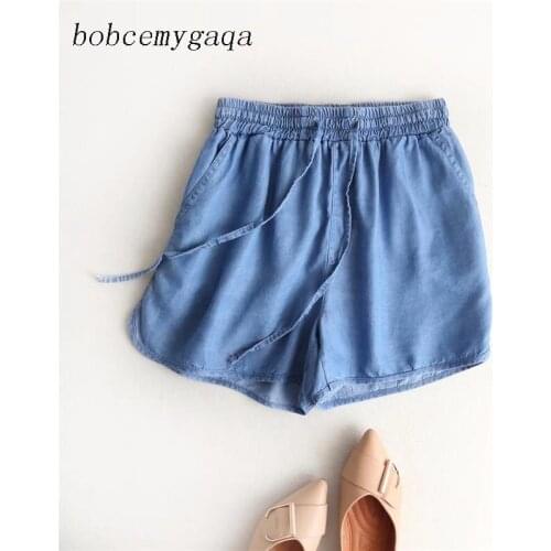 Women summer denim shorts sexy casual hot shorts elastic waist lace up drawstring pocket blue light blue loose shorts