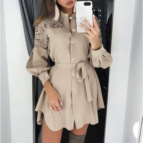 Plus Size Autumn Shirt Dress Women Solid Stand Neck Lace Patchwork Long Sleeve Belt Mini Dress Ladies Buttons Ruffle Party Dress