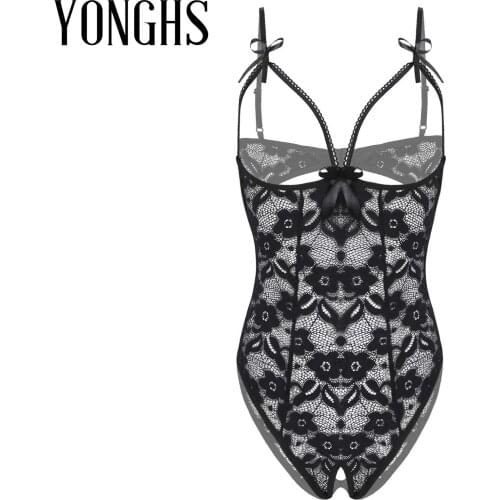 Womens Lingerie Sexy Lace Crotchless Bodysuit Flower Pattern Sheer See Through Nightwear Open Cup Badydoll Underwear Sleepwear