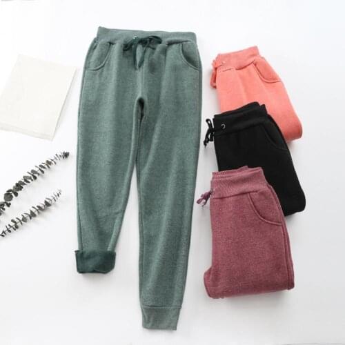 2021 Sporty Women Pants Solid Color Drawstring Ankle Tied Warm Fleece Long Pants Trousers Casual Loose Long Trousers Plus Size