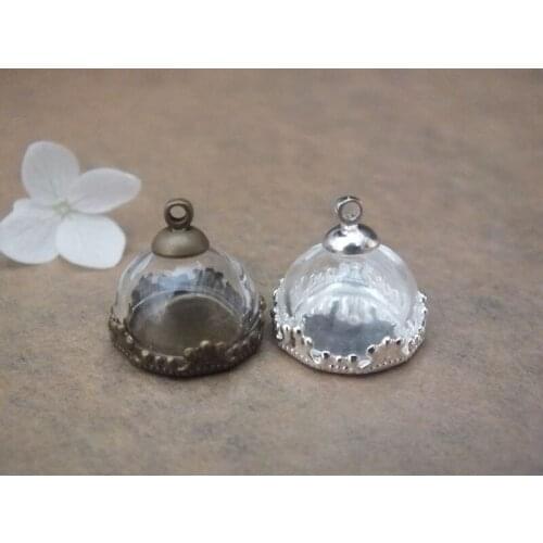 5sets/lot 15mm glass dome setting base&crown cap( bronze/silver )color set glass globe necklace pendant glass vial pendant