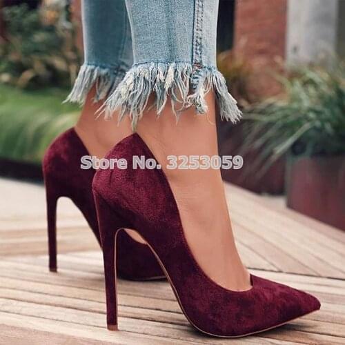 ALMUDENA Graceful Burgundy Suede Pointed Toe Pumps Thin High Heels Shallow Banquet Shoes Wedding Pumps Wine Red Fabulous Shoes