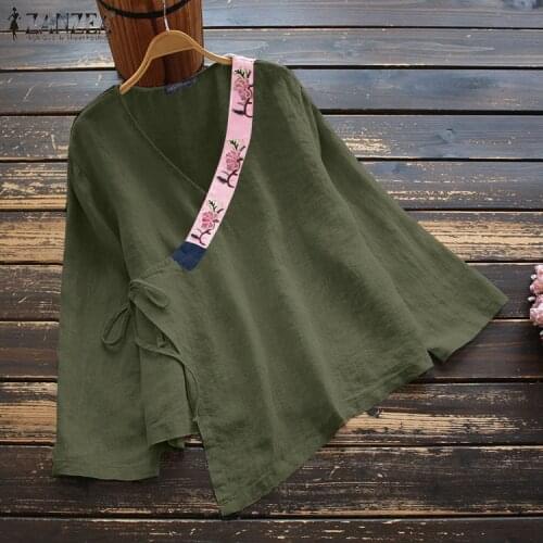 ZANZEA Summer Embroidery Blouse Women Vintage Long Sleeve Lace Up Tops Retro Shirt Chemise Oversized Casual V Neck Cotton Blusas