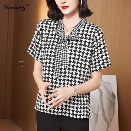 2021 New Summer Middle Aaged Women Korean Chiffon bow collar Blouse Tops Female Flower Print Fashion Loose Plus Size 4xl Shirt