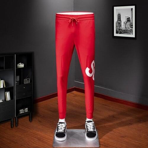 Brand Great Designer Top Red Men Pants Elastic Waist Letter Pattern Autumn Summer Classic Full Length Casual Trousers 1012