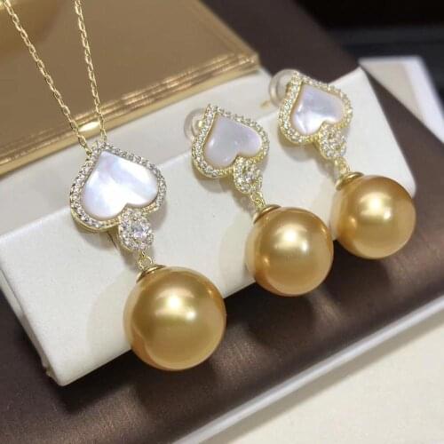 D320 Pearls Set Fine Jewelry Pure 925 Sterling Silver Natural 9-13mm Fresh Water Golden Pearls Jewelry Sets For Women