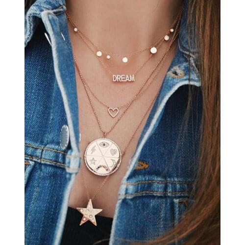Round coin Pendant necklace for women charm rainbow cz disc engrave star moon lightning lucky eye heart trendy fashion jewelry