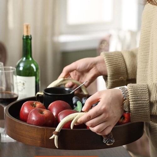 American Solid Wood Tray Round Tea Tray Home Dining Tray Snack Tray Hotel Wooden Water Cup Tray Coffee Table Snack Fruit Tray