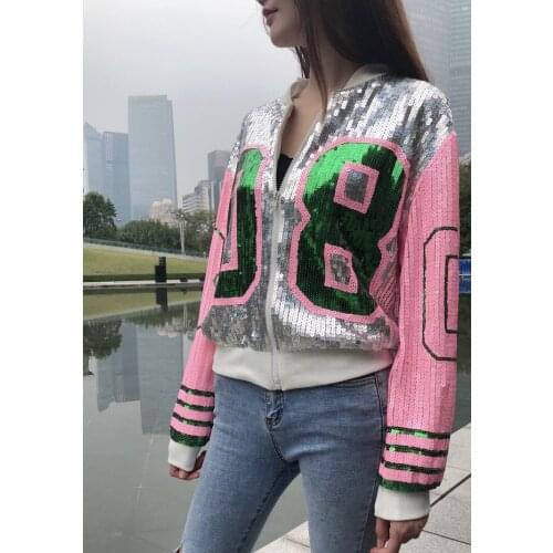 Sequin Jacket Girls Sequin Coat Pink Shining Teenagers Jacket Garment Eyelets Female Cool Loose Jacket O-Neck Zipper Out Wear