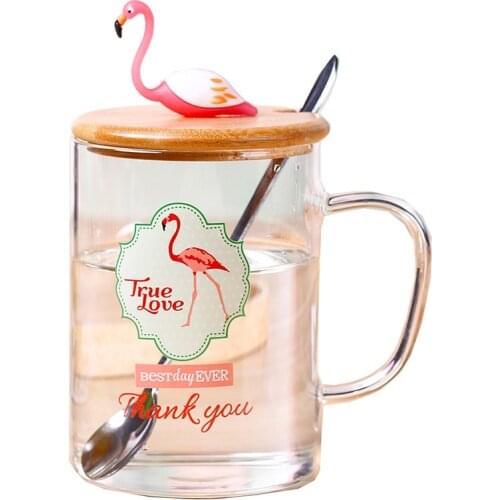 Fashion Flamingo Glass Tea Mug with Bamboo Lid and Tea Spoon Heat-resistant Borosilicate Glassware Office Coffee Cup Set On Sale