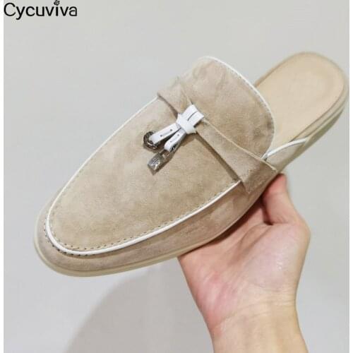 Patchwork Kid Suede Flat Slippers Women Metal Lock Mules Flat Sandalias Slip On Summer Walker Leather Beach Shoes Woman Slippers