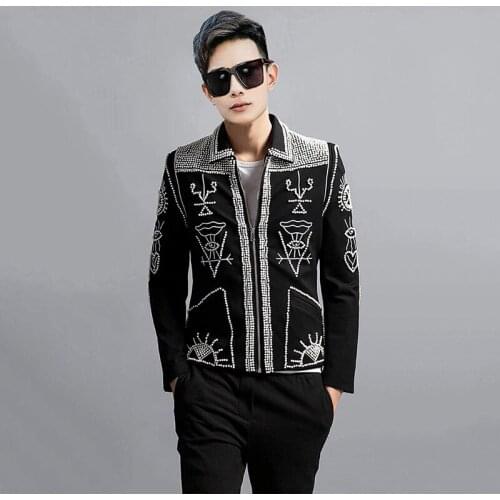 2020 New Nightclub Black Catwalk Models Coat Heavy Industry Pearl Rivet Jacket Men Singer Stage Costumes Plus Size Clothes S-5xl