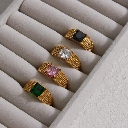 New Stylish Colorful Square Zircon Stone Rings For Women Hiphop 18K Gold Plated Stainless Steel Statement Ring Jewelry