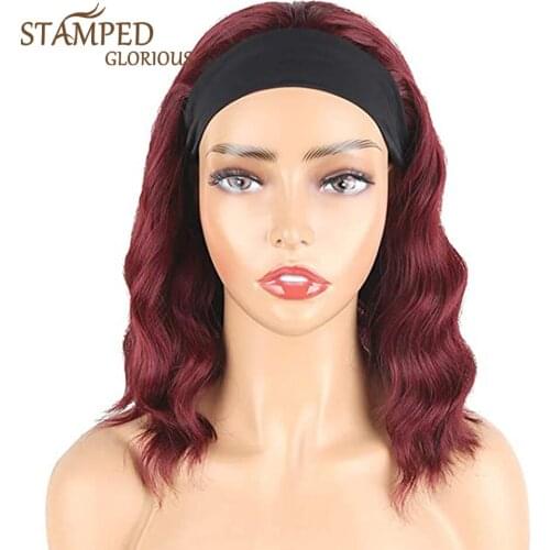 Stamped Glorious Synthetic Wig With Silky Headband Short Wavy Bob Red Headband Wigs for Black Women Daily Party High Temperature