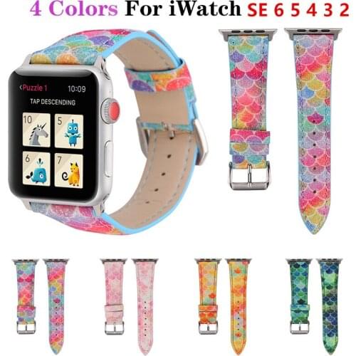 Leather Watchband for Apple Watch Strap 6 5 4 44mm 40mm Fishscale Printing Belt Bracelet for IWatch Band Series SE 3 2 38mm 42mm