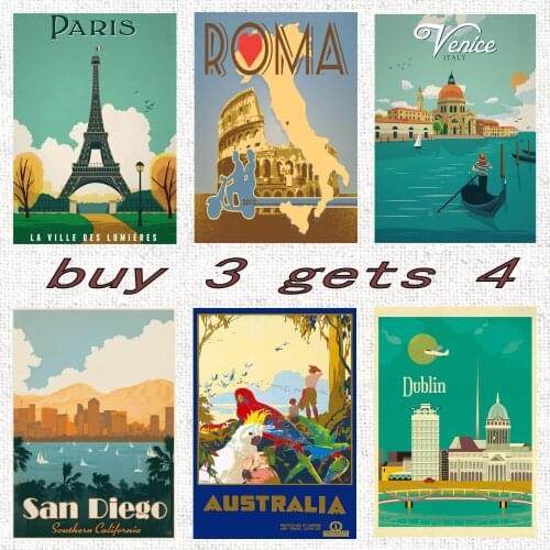 Rome Australia Paris New York World City Tour Travel Vintage Landscape coated Poster Print wall sticker Art Painting Home Decor
