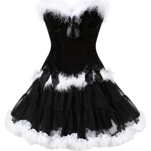 Sexy Womens Velvet Zipper Overbust Corset Bustier Lingerie Feather Burlesque Lace Up Corset Christmas Santa Black Costume Dress