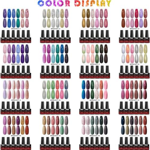 T-TIAO CLUB 6Pcs Nail Polish Glitter Gel Set Nails Hybrid Gel Vernis Semi Permanent Shiny Glitter Soak Off UV LED Nail Gel Ki