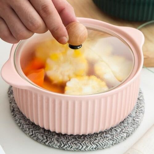 Household Heat Resistant Noodle Pot Binaural Ceramic Salad bowl Soup Bowl With Glass Lid Microwave Use Baby Food Bowl