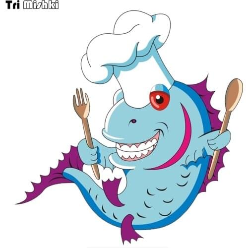 Tri Mishki WCS223 14.2x14cm blue fish chef Spoon and fork car sticker funny colorful car stickers auto automobile decals