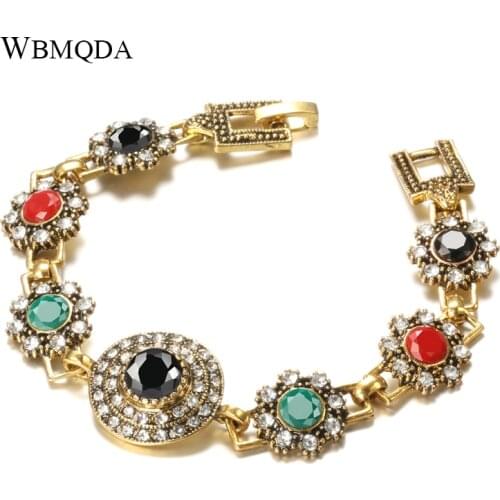 Wbmqda Hot Vintage Black Stone Bracelet For Women Antique Gold Color Crystal Bridal Wedding Jewelry Party Accessories