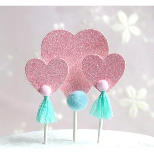 Ynaayu 3pcs/set Fringe Pompon Cake Topper Pink Love Heart Cake Insert Card Birthday Wedding Cake Plug-in Party Supply