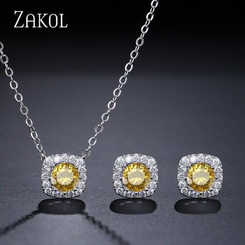 ZAKOL Hot Sale Zircon Jewelry Set Fashion Square Earrings & Necklace/ Pendant Set Fashion Round Crystal Jewelry FSSP314