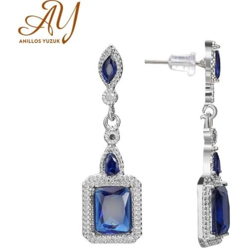 Anillos Yuzuk Trendy Female Silver 925 Ear Drops Fine Jewelry With Blue Gemstones Square Shaped Sapphire Earrings For Women Gift