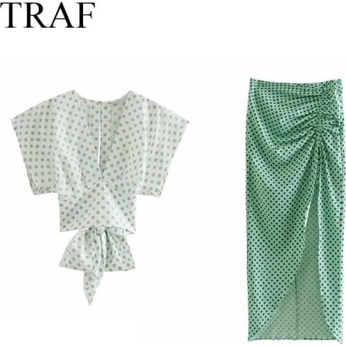 TRAF Womens Clothing Suits With Skirt Summer 2021 Elegant V-Neck Top Chic High Split Sexy Asymmetry Skirt Two Piece Set Women