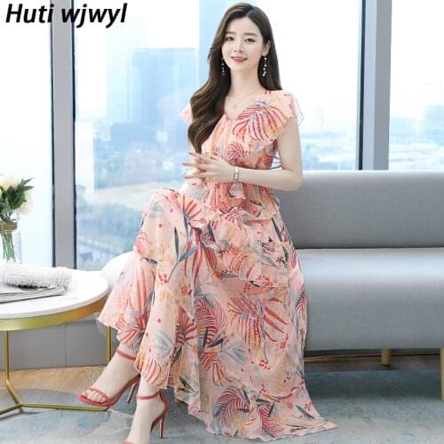 Plus Size Vintage Pink Long Sundress Elegant Women Bodycon Party Vestido 2021 Spring Summer Floral Chiffon Beach Boho Maxi Dress