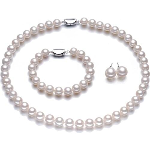 NYMPH Round Natural Freshwater Pearl Jewelry Sets For Women Fine Jewelry 8-9mm necklace bracelet Earring Ring Gift T401
