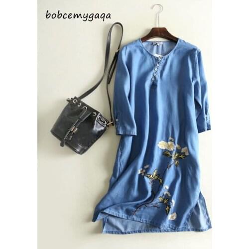 Loose Cotton Jeans Dress Women O Neck Floral Embroidery Blue Denim summer Dress Cheongsam Work Office Dress Vestidos