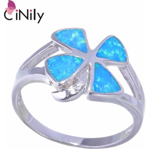 CiNily Created Blue Fire Opal Silver Plated Wholesale Lucky Leaf for Women Jewelry Wedding Engagement Ring Size 7 OJ9308