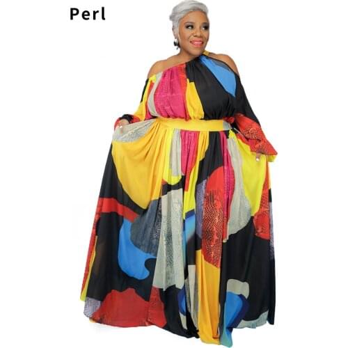 Plus Size Cold Shoulder Lantern Sleeve High Waist Maxi Dress for Women Wave Dot Printed Loose Autumn Dresses Female