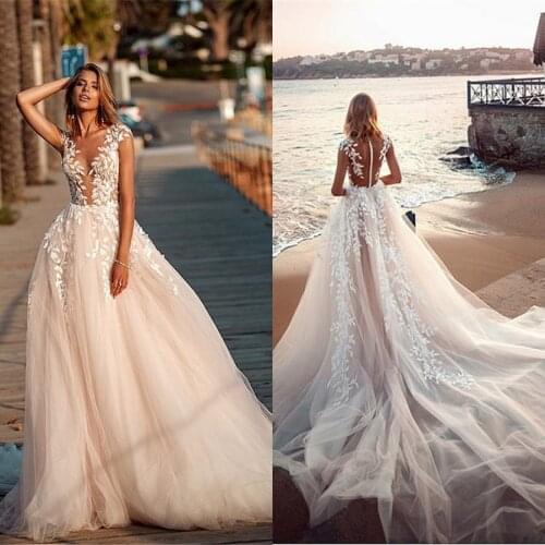 2021 Chic Illusion Bodice robe mariage Wedding Gowns Tulle With Applique Lace Cap Sleeves A-line Beach Wedding Dresses