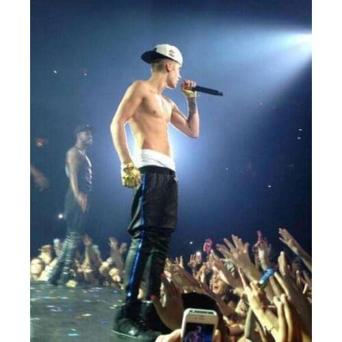 27-36 ! New mens Nightclub JustinBieber black blue side leather pants flying squirrels trousers stage singer costumes clothing