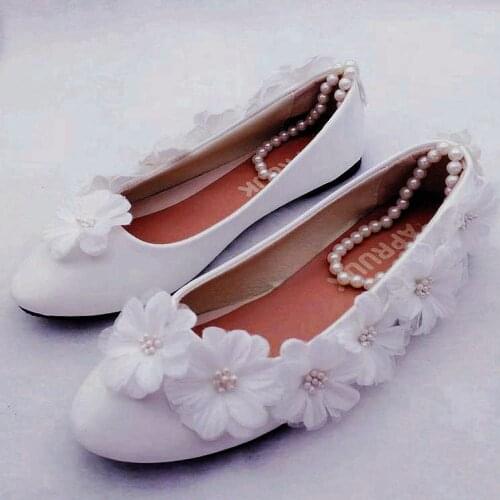 White flower flats shoes ankle beading elastic straps ladies girls dinner party proms dress ceremony performance flats shoe