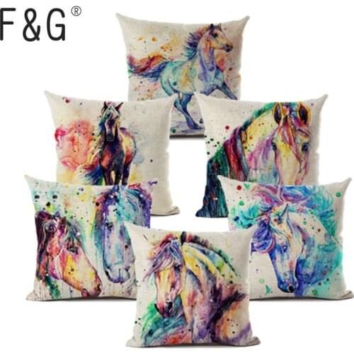 DecorUhome Nordic Animal Linen Pillow Case Watercolor Horse Cushion Cover Decorative Throw Pillow Covers Sofa Cover Home Decor