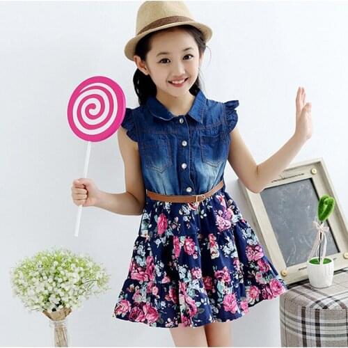 Girls Denim Floral Dress Summer Party Dress with Belt Children Flying Short Sleeve Casual Clothing Baby Girl Kids Fashion Outfit