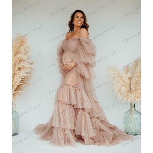 Elegant Fashion Off Shoulder Soft Tulle Maternity Dresses for Photoshoot Extra Puff Pregnant Dress Party Gowns for Babyshower