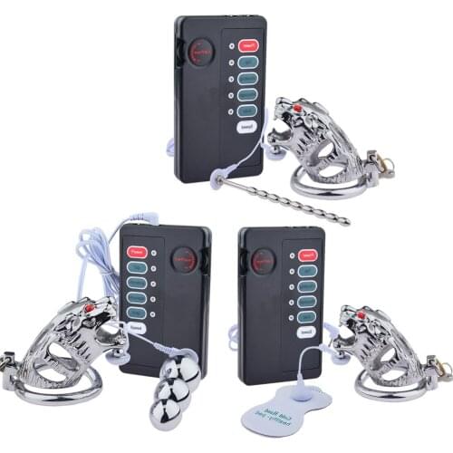 Electro Male Chastity Tiger Cock Cage Anal Plug Electro Penis Urethral Plug Electric Shock Kit Breast Pad Sex Toys For Men Gay
