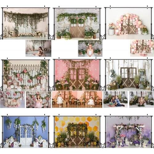 Retro Door Themed Cake Smash Backdrop Photocall Flowers Vintage Children Newborn Baby Birthday Portrait Background Photography