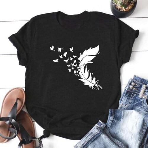 Women Short Sleeve O-neck Tee Shirt Femme White Cotton Tshirt Women Top Loose Camiseta Mujer Feather New Summer Fashion T Shirts