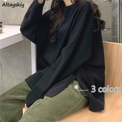 Long Sleeve T-shirts Classic Solid Korean Chic Autumn Spring Couples Tops All-match Trendy Side-slit Design Womens Streetwear