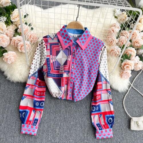 Geometric Polka Dot Printed Patchwork Shirt Blouse Ladies Long Sleeve Turn Down Collar Office Work Fashion 2021 Autumn Tops New