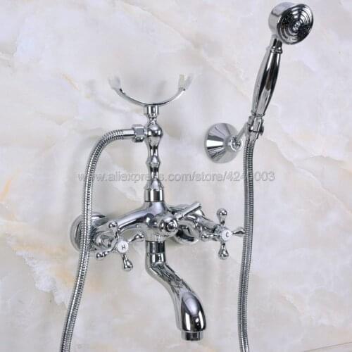 Chrome Bathtub Faucet Wall Mount Handheld Bath Tub Mixer System with Handshower Telephone Style Kna233