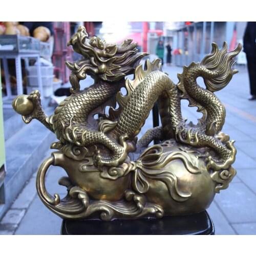 20 inches Chinese Pure Bronze Brass Wealth Fengshui animal Dragon bottle gourd Home Furnishings Gift Handicraf Statue
