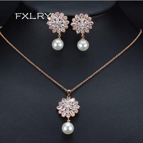 FXLRY Hot Sale Pearl Jewelry High Quality Zirconia Crystal Ladies Dangling Pendant Necklace And Earring Set