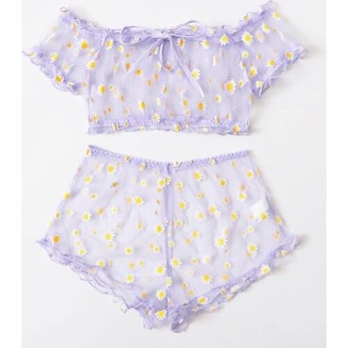 Women Bikini Set Underwear Cute Daisy Embroidery Lingerie Set Off-Shoulder Bralette Top+Shorts Transparent Mesh Sexy Lingerie